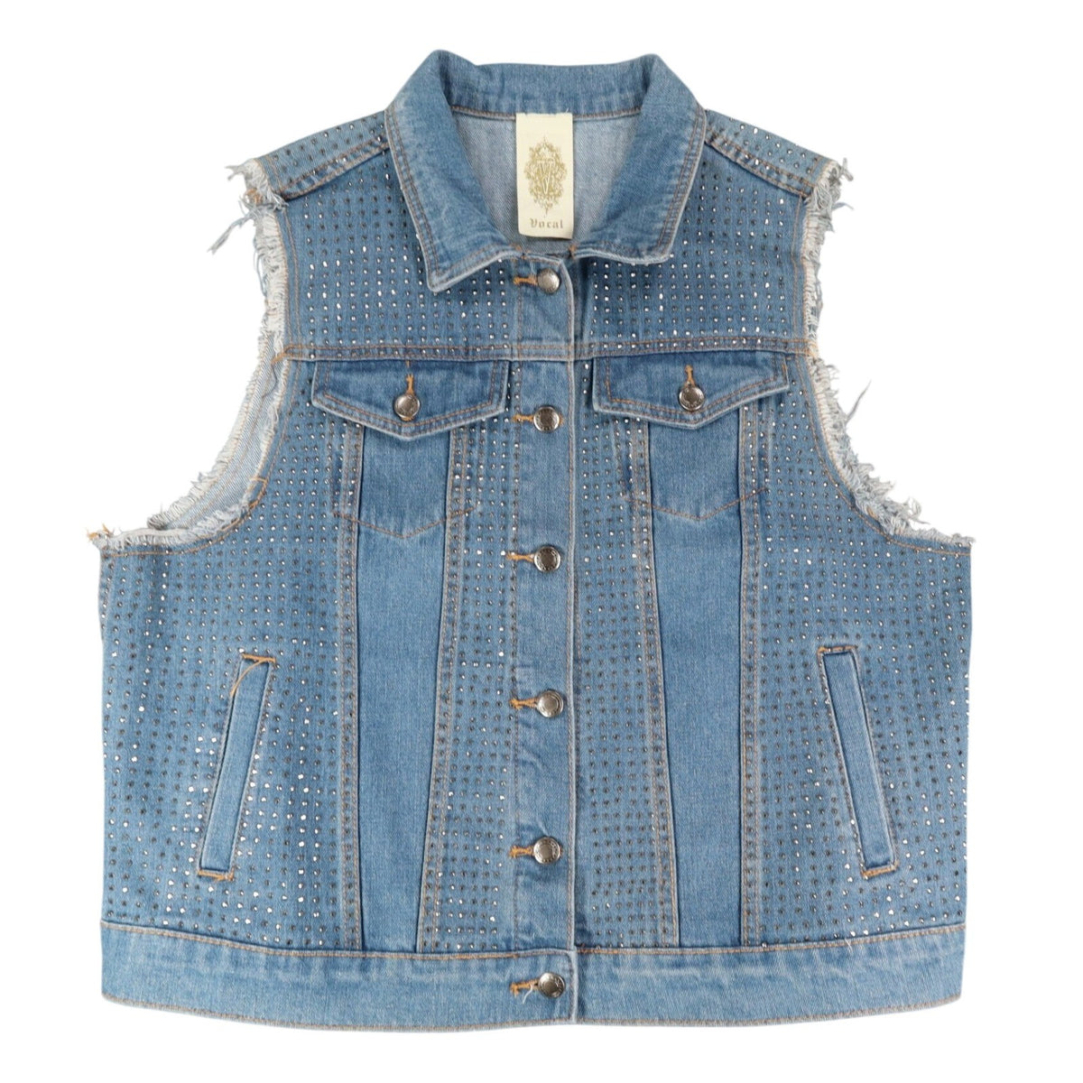 Vocal Denim Vest Womens XL Blue Cotton Studded Rhinestone Frayed Raw Edge Vest - take2supply