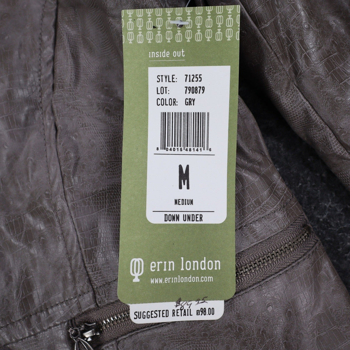 Erin London Jacket Womens Medium Gray Faux Croc Embossed Zip Front Mock Neck NEW - take2supply