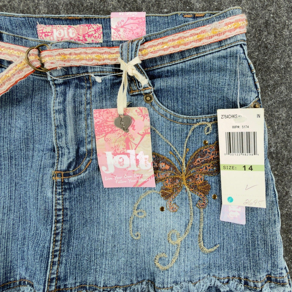 Jolt Y2K Butterfly Denim Skirt Girls 14 Blue Tiered Ruffle NWT - take2supply