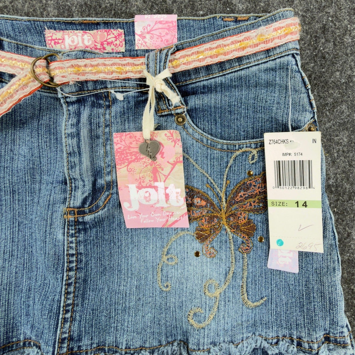 Jolt Y2K Butterfly Denim Skirt Girls 14 Blue Tiered Ruffle NWT - take2supply