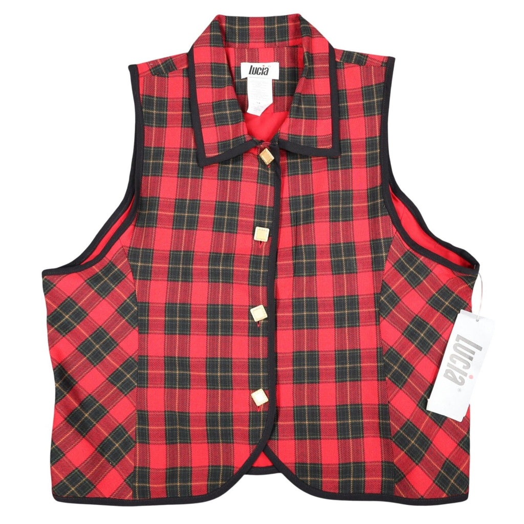 Lucia Plaid Vest Womens 14 Vintage 90s Red Tartan Gold Button Made in USA NWT - take2supply