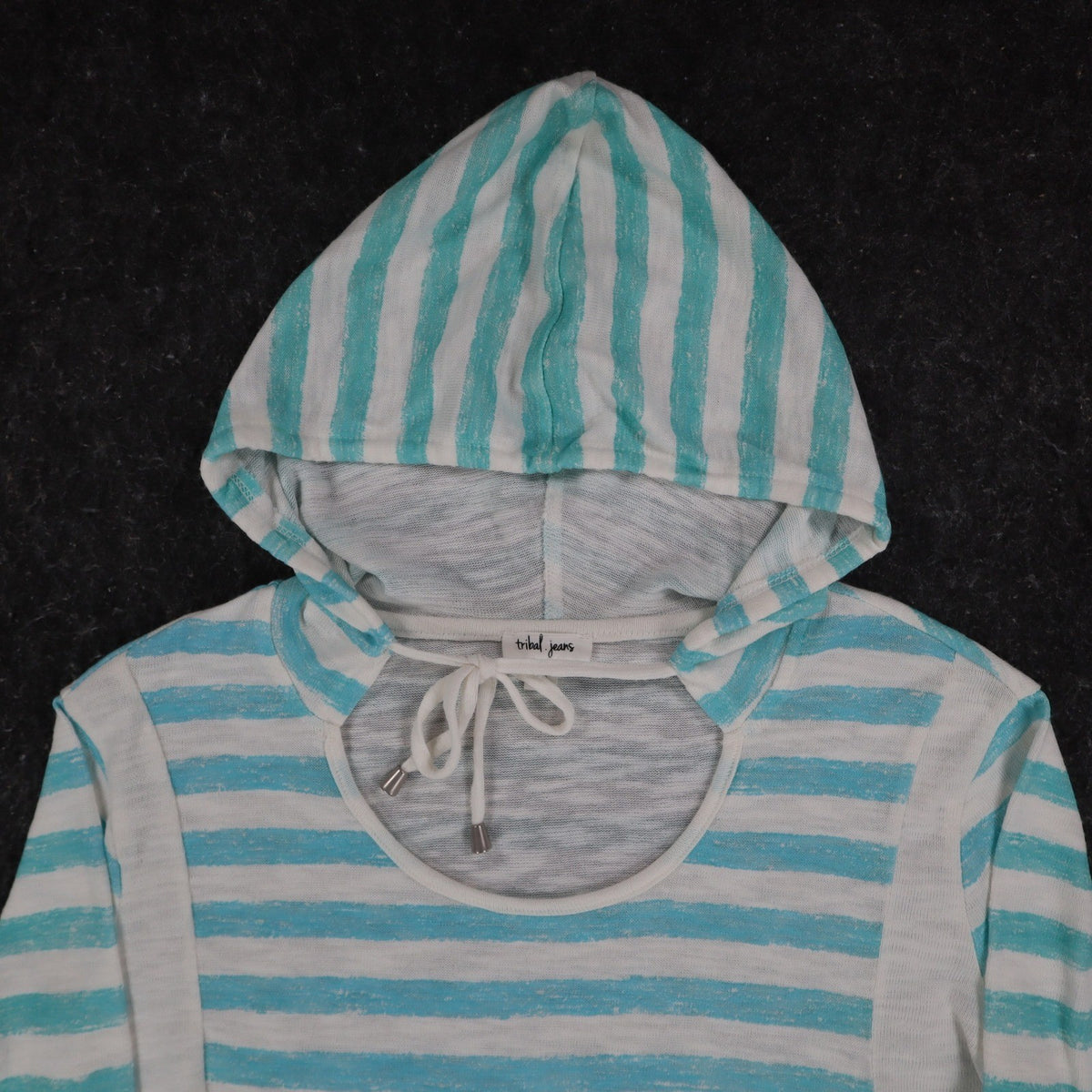 Tribal Jeans Womens S Aqua White Striped Lightweight Hooded Pullover Top NWT - take2supply