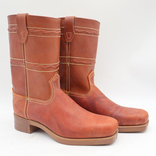 Reddish-brown Acme pull-on boots, angled front view of square toes