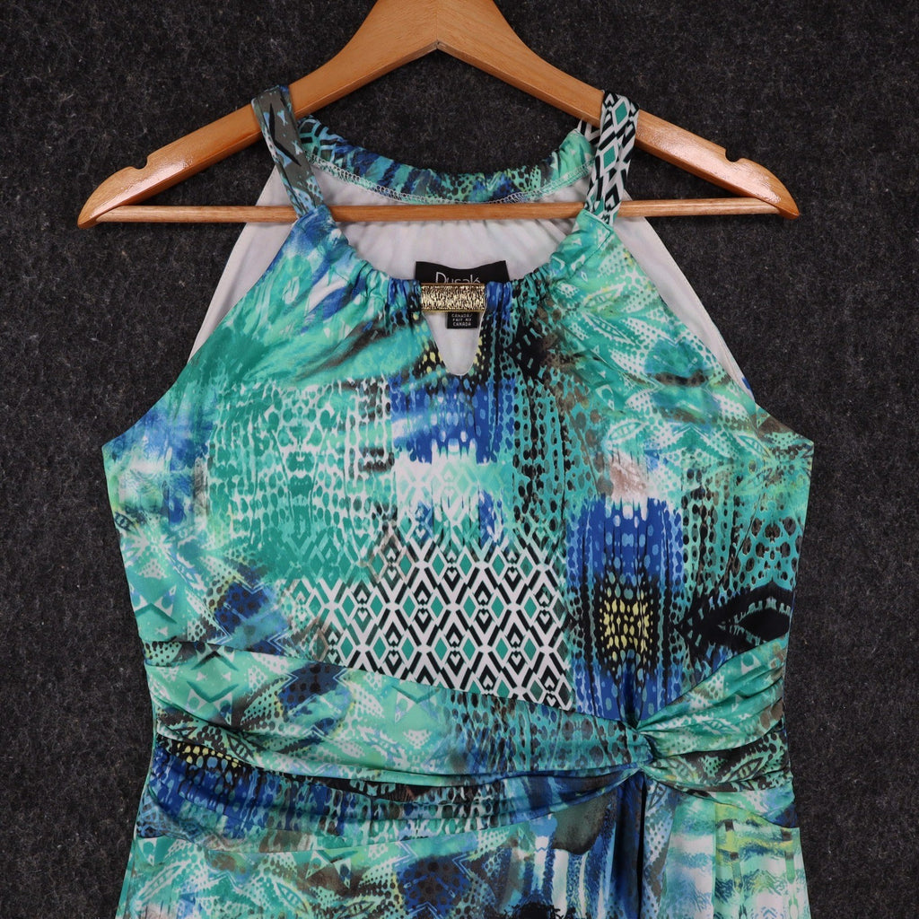 Dusak Designs Halter Dress Medium Teal Blue Abstract Print Keyhole Sheath Canada - take2supply