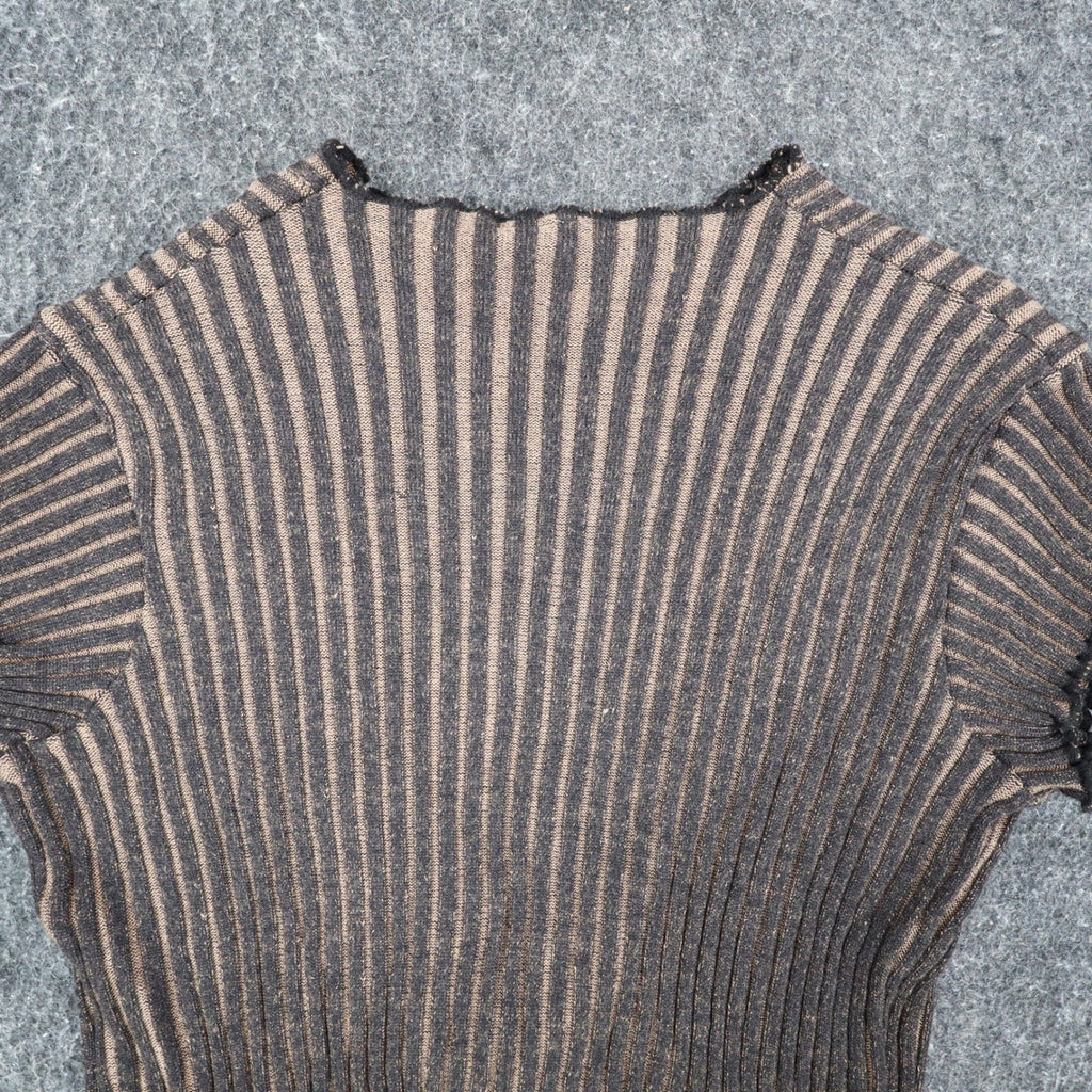 Chic Knits Lanalee Cardigan Large Y2K Taupe Striped Buckle Lettuce Edge NEW - take2supply