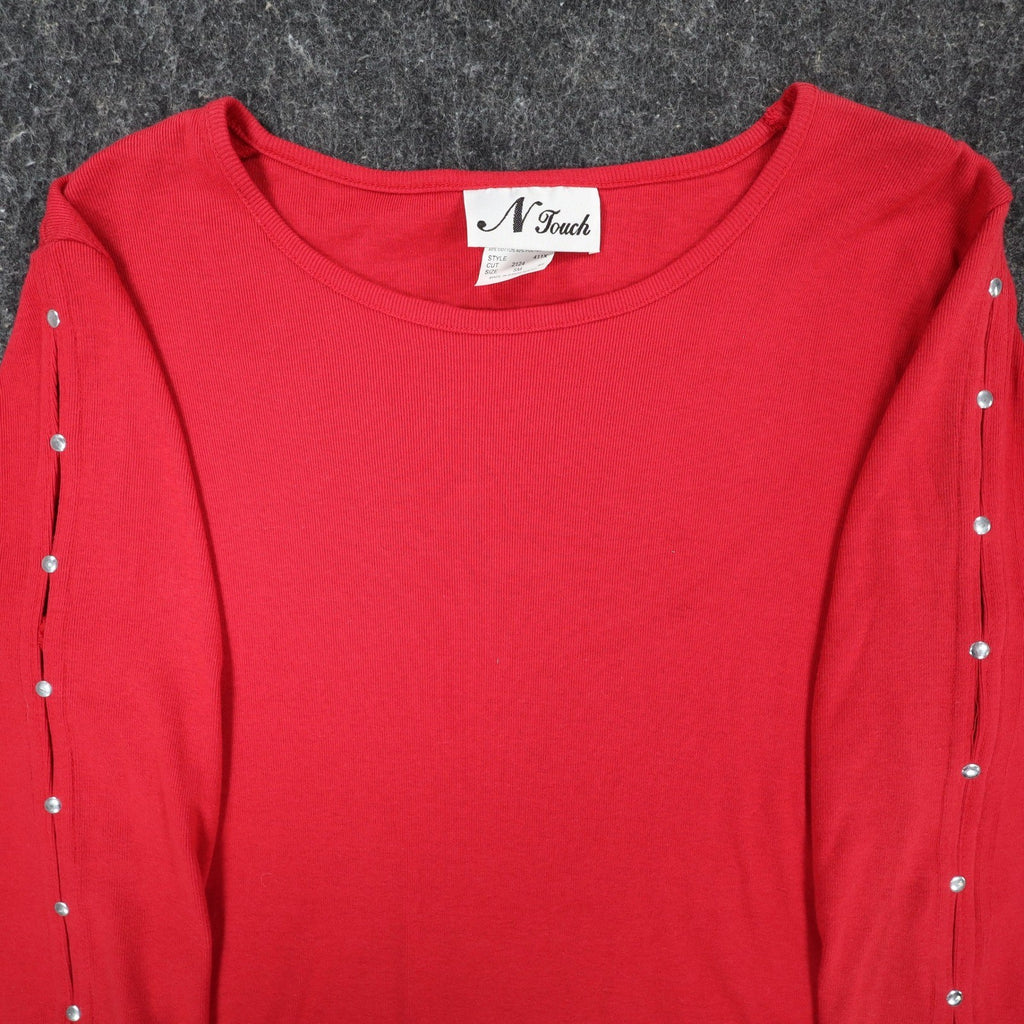 N Touch Top Womens Small Red Cotton Blend Rhinestone Split Sleeve Macintosh - take2supply