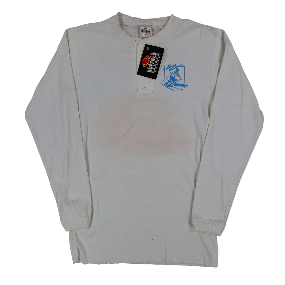 Buffalo Shirts Henley Shirt Medium Vintage 90s Skier Graphic Long Sleeve Cream - take2supply