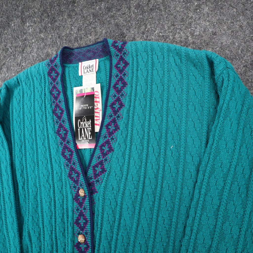 Cricket Lane Cardigan Women Medium Petite Vintage 90s Teal Acrylic Knit NWT USA - take2supply