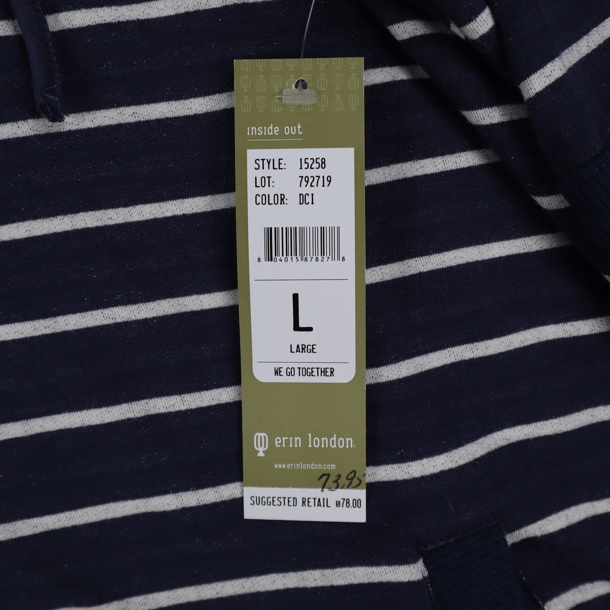 Erin London Womens L Navy White Striped Zip Hoodie Bell Sleeve Pockets NWT - take2supply