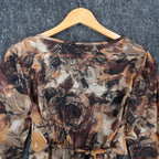 AGB Blouse Womens Small Brown Tan Abstract Floral Ruffle Neck Balloon Sleeve NEW - take2supply
