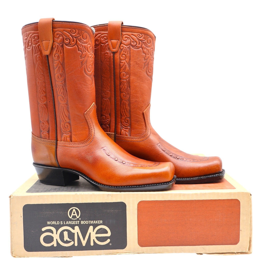 Acme Vintage Western Boots Kids 4.5D Tan Leather Square Toe Cowboy 2418 USA Made - take2supply