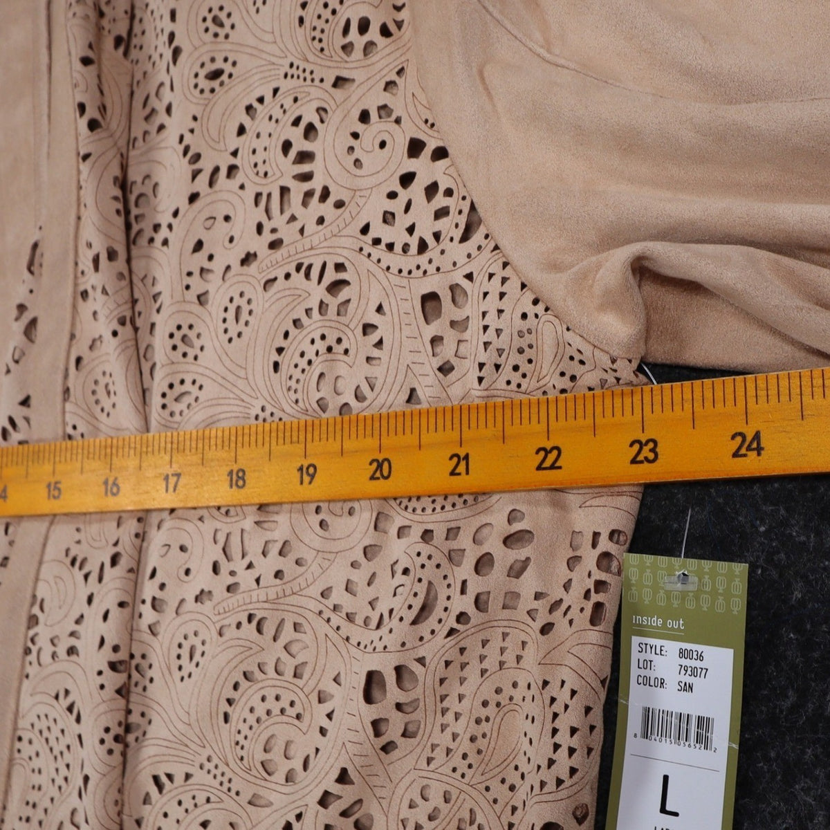 Erin London Open Front Jacket Womens Large Tan Faux Suede Laser Cut Eyelet NEW - take2supply