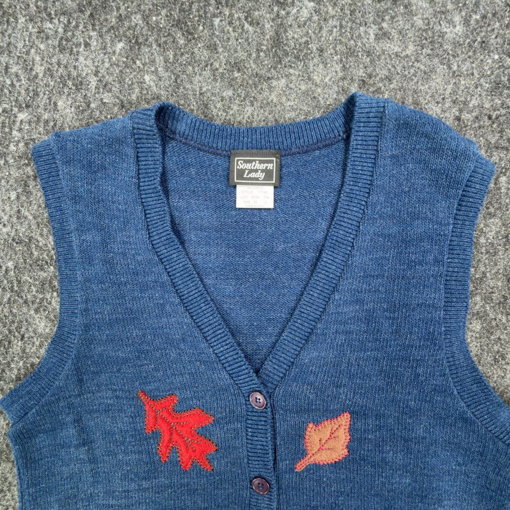 Southern Lady Vintage Sweater Vest Womens M Blue Leaf Embroidered Deadstock NWT - take2supply