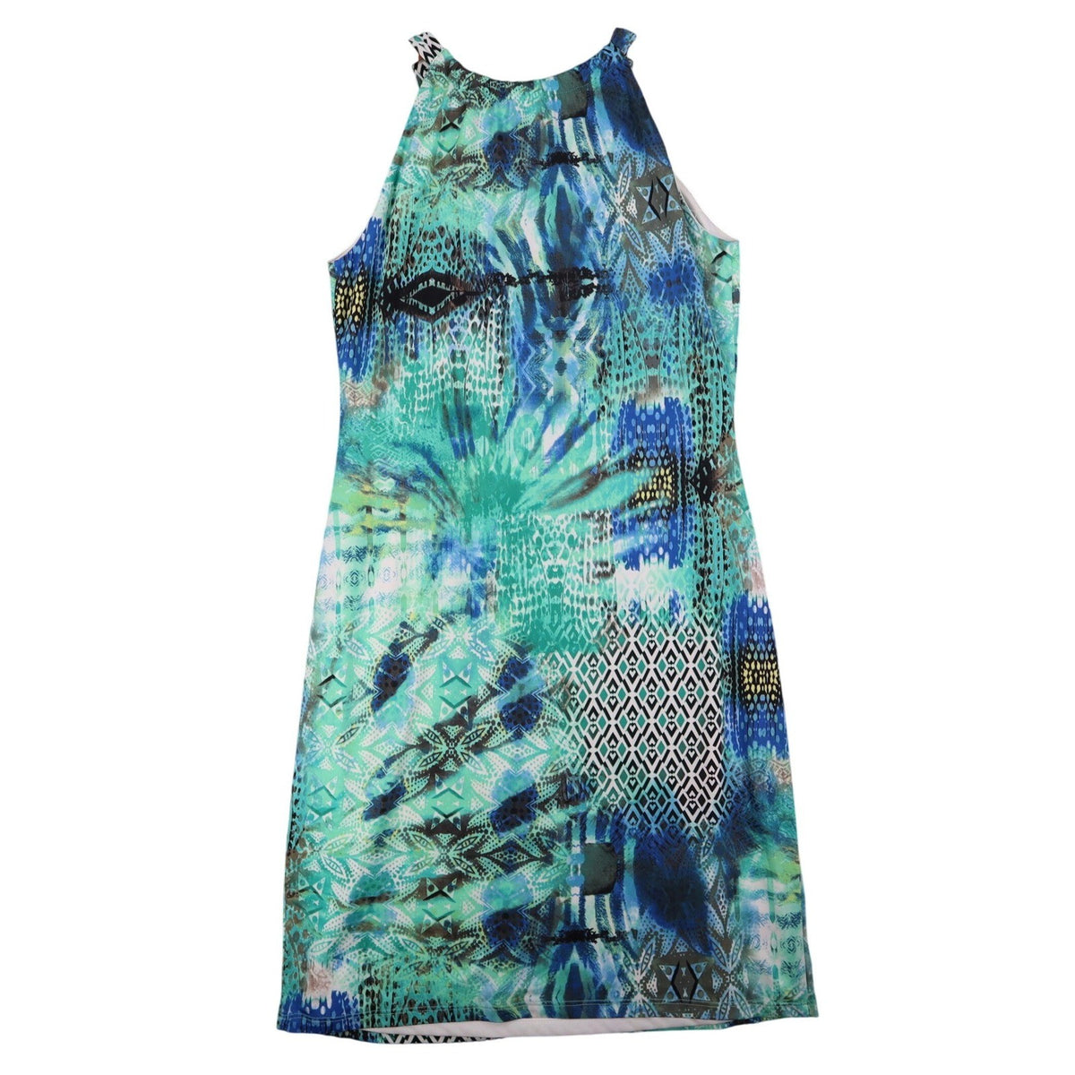 Dusak Designs Halter Dress Medium Teal Blue Abstract Print Keyhole Sheath Canada - take2supply