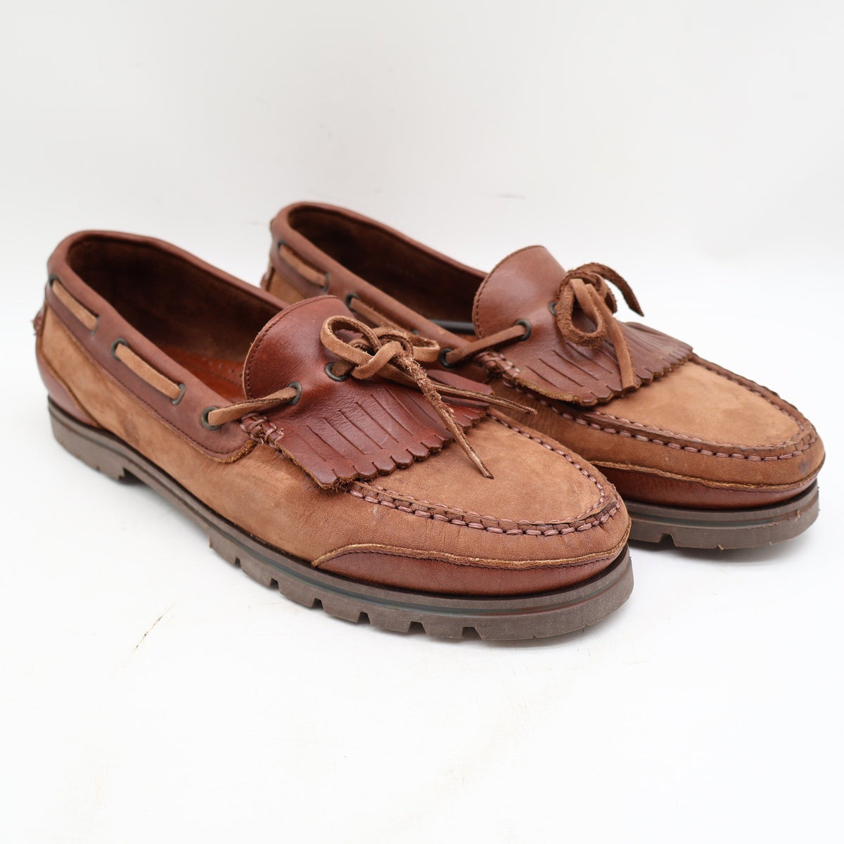 Barclay Kiltie Loafers Mens 12M Vintage Brown Leather Lug Sole Boat Shoes - take2supply