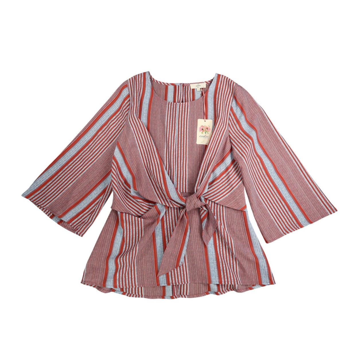 Entro Striped Front Tie Blouse Womens Size L Red Blue Bell Sleeve Top NEW - take2supply