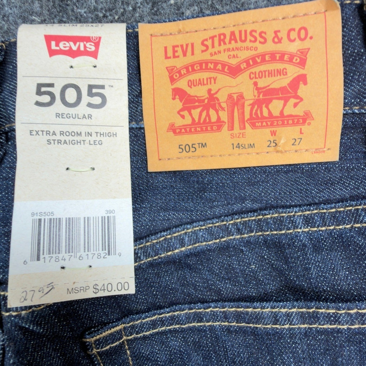 Levi's 505 Regular Fit Jeans Boys 14 Slim 25x27 Dark Wash Straight Leg Denim - take2supply