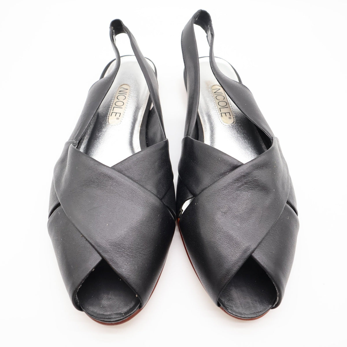 Nicole Bridget Sandals Women 9 Black Leather Slingback Flat Peep Toe Vintage y2k - take2supply