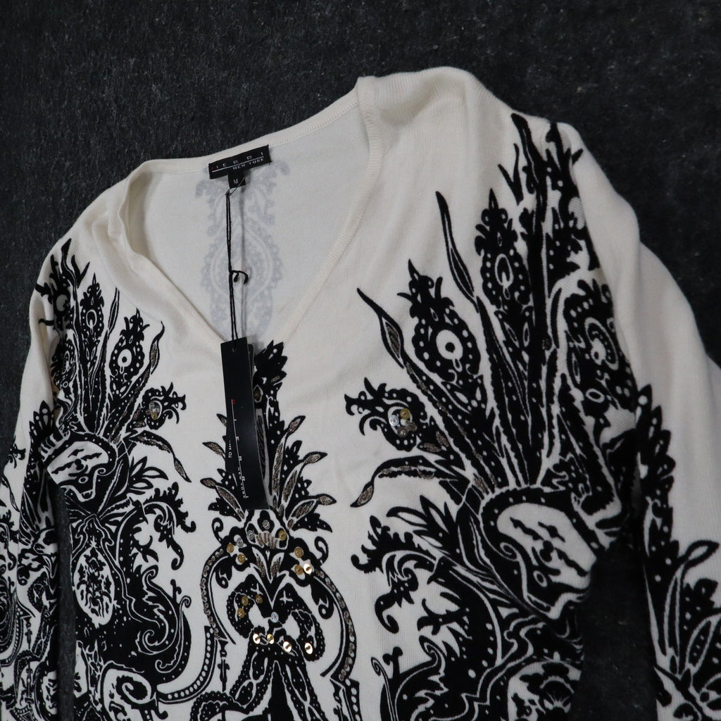Pierri New York V-Neck Sweater Womens Size M Black White Embellished Baroque - take2supply