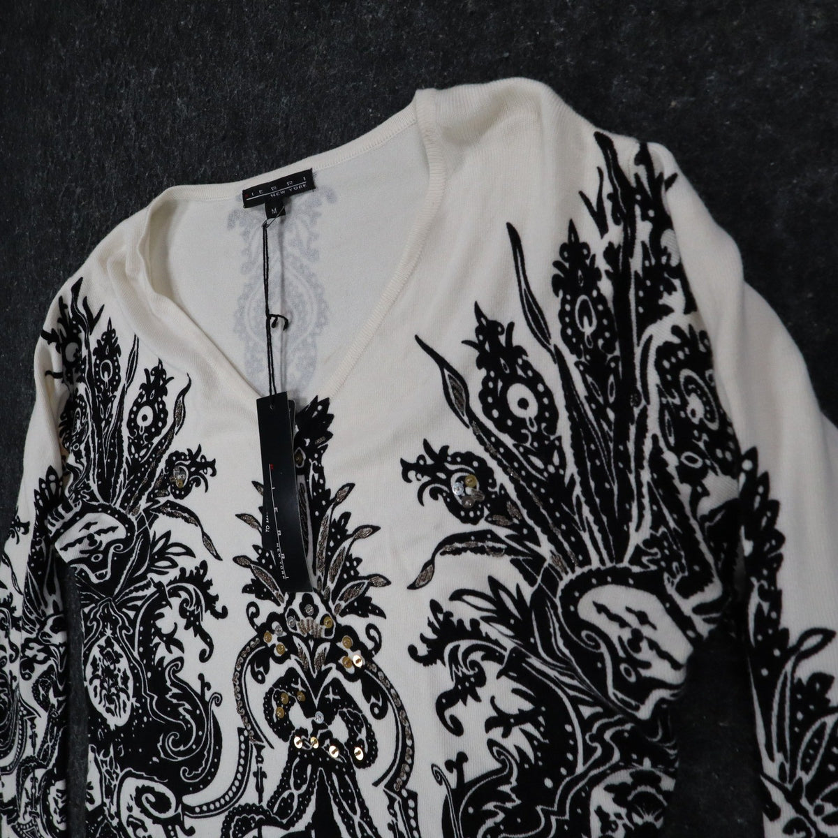 Pierri New York V-Neck Sweater Womens Size M Black White Embellished Baroque - take2supply