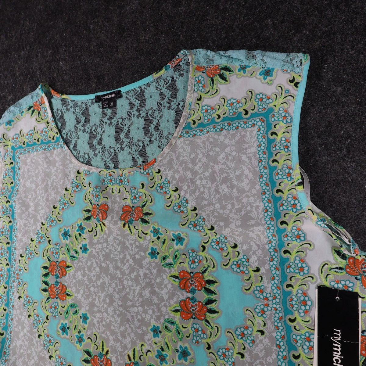mymichelle Blouse XL Womens Aqua Blue Lace Back Scarf Print Sleeveless Top NEW - take2supply