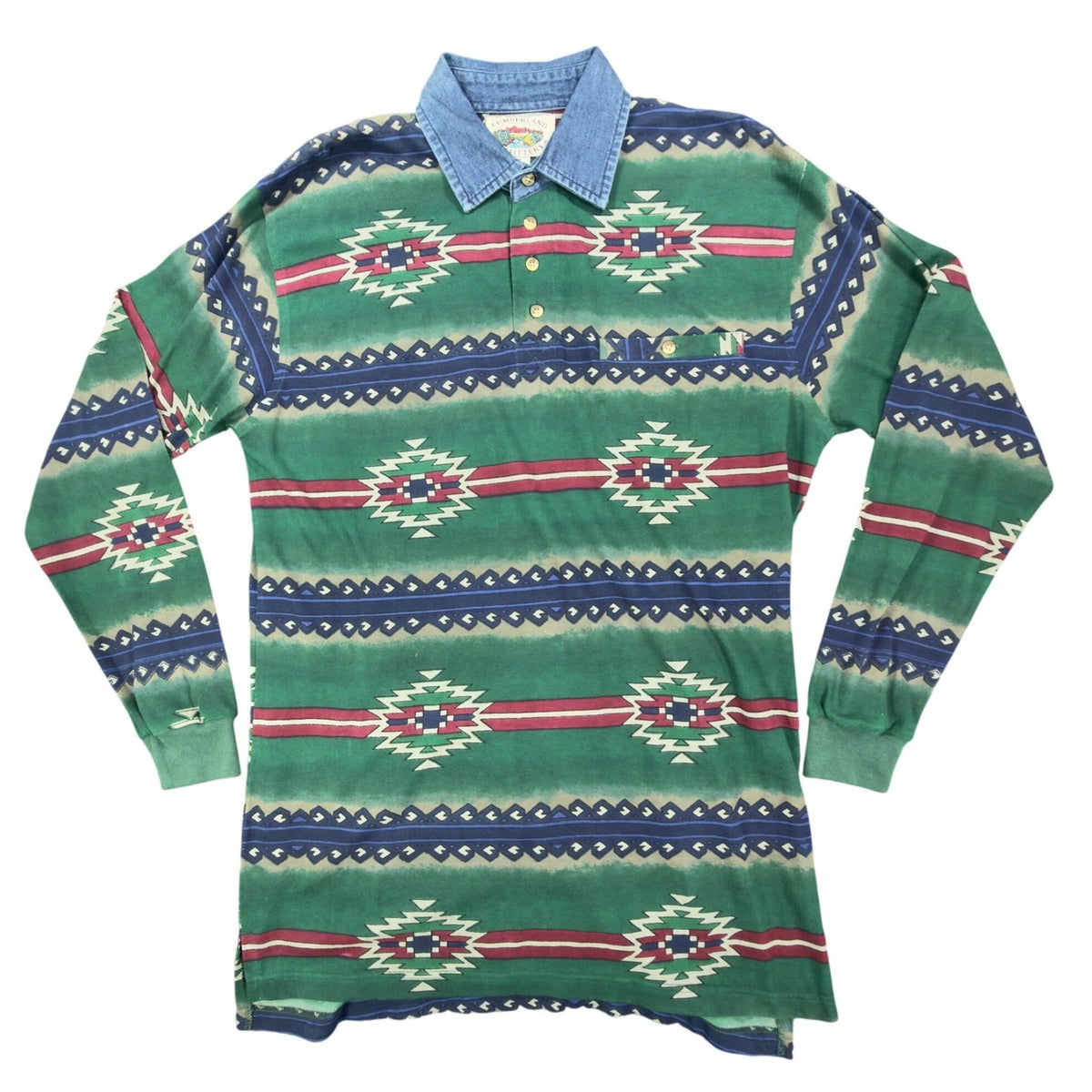 Cumberland Outfitters Vintage 90s Aztec Polo Mens Medium Green Cotton Denim C411 - take2supply