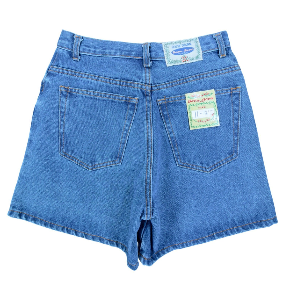 Back of blue Boom Boom denim shorts with two patch pockets and branded waist label