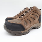 Brown Carhartt lace-up hiking boots with black toe guards, opposite angled front view