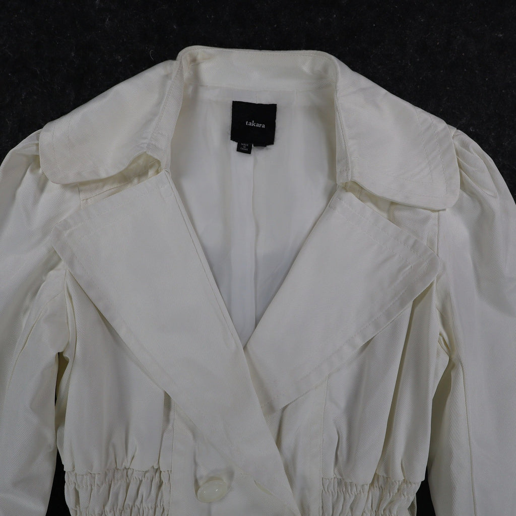 Takara Trench Coat Womens M White Belted Double Breasted Smocked NOS NWT - take2supply