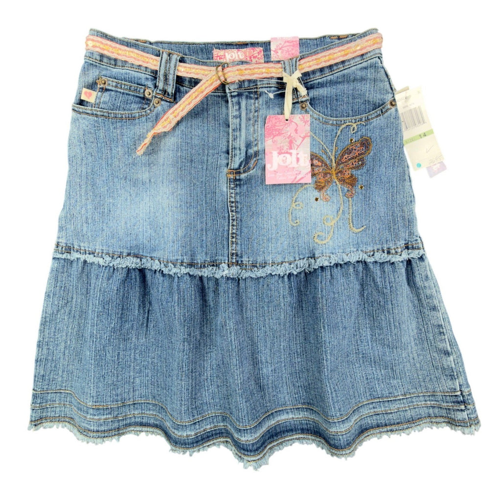 Jolt Y2K Butterfly Denim Skirt Girls 14 Blue Tiered Ruffle NWT - take2supply