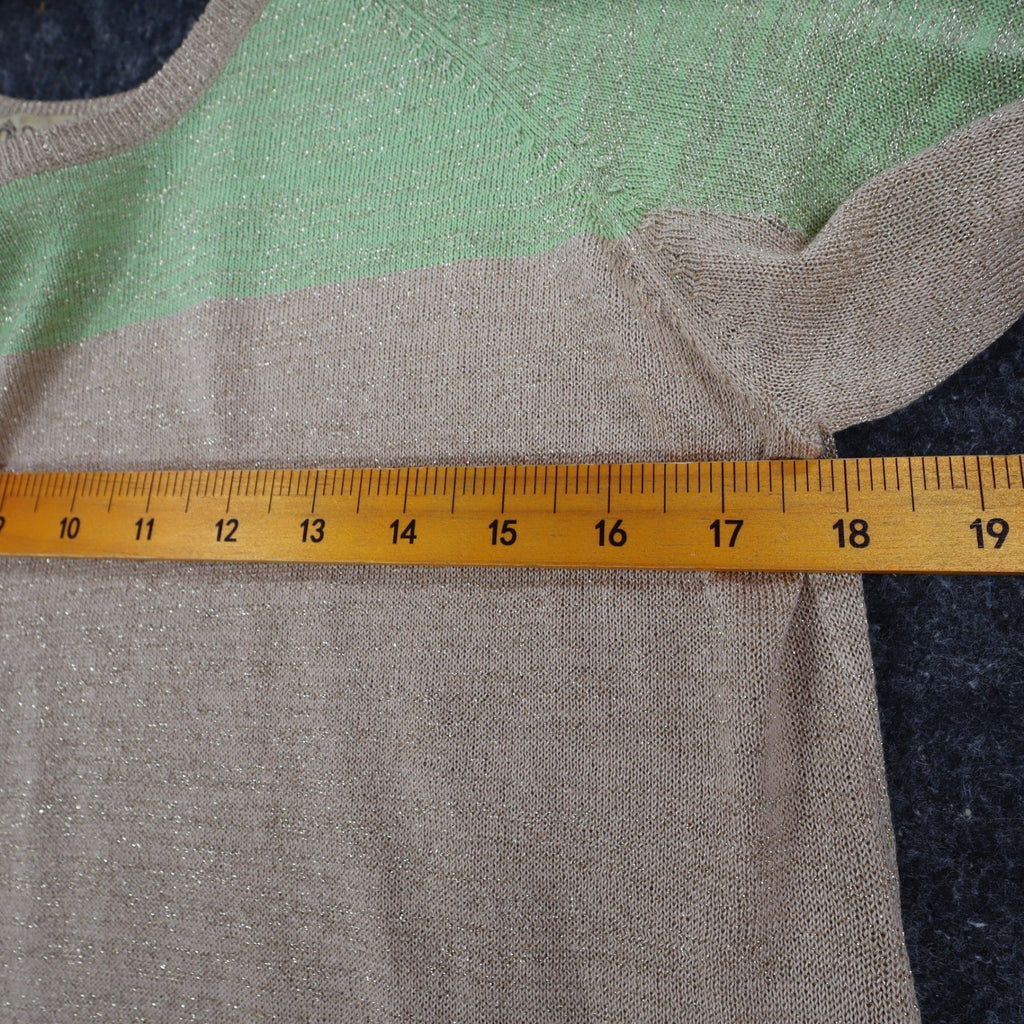 Dunner & Co Sweater Womens S Green Tan Metallic Lurex Colorblock Back Tie Top - take2supply