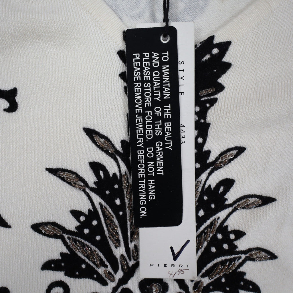 Pierri New York V-Neck Sweater Womens Size M Black White Embellished Baroque - take2supply
