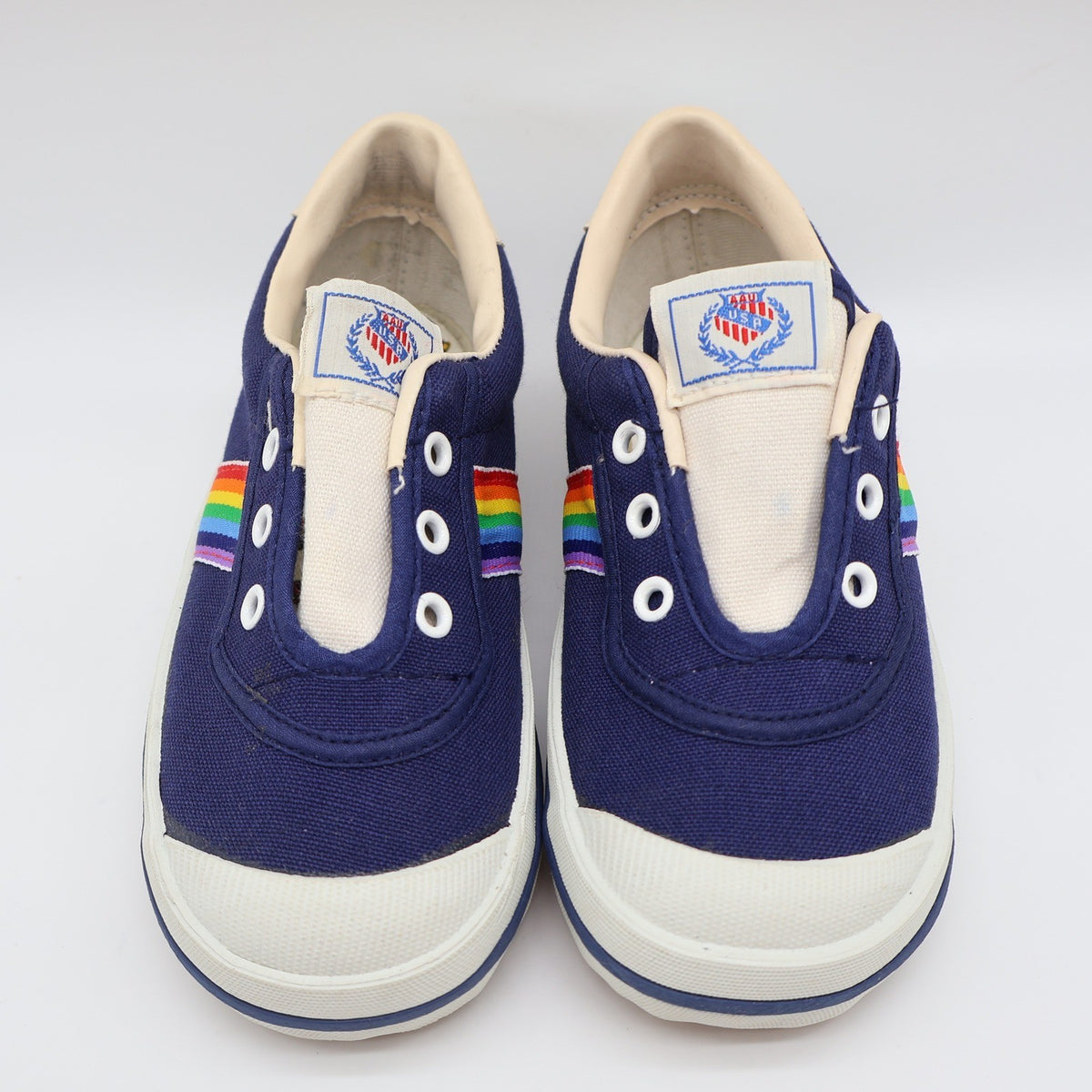AAU Ruff Necks Scooter Shoes 10.5 Vintage Deadstock Navy Rainbow Canvas Sneakers - take2supply