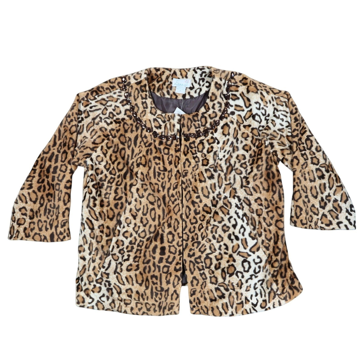 Emma J Faux Fur Jacket Womens Size M Leopard Print Beaded Neck Open Front Brown - take2supply