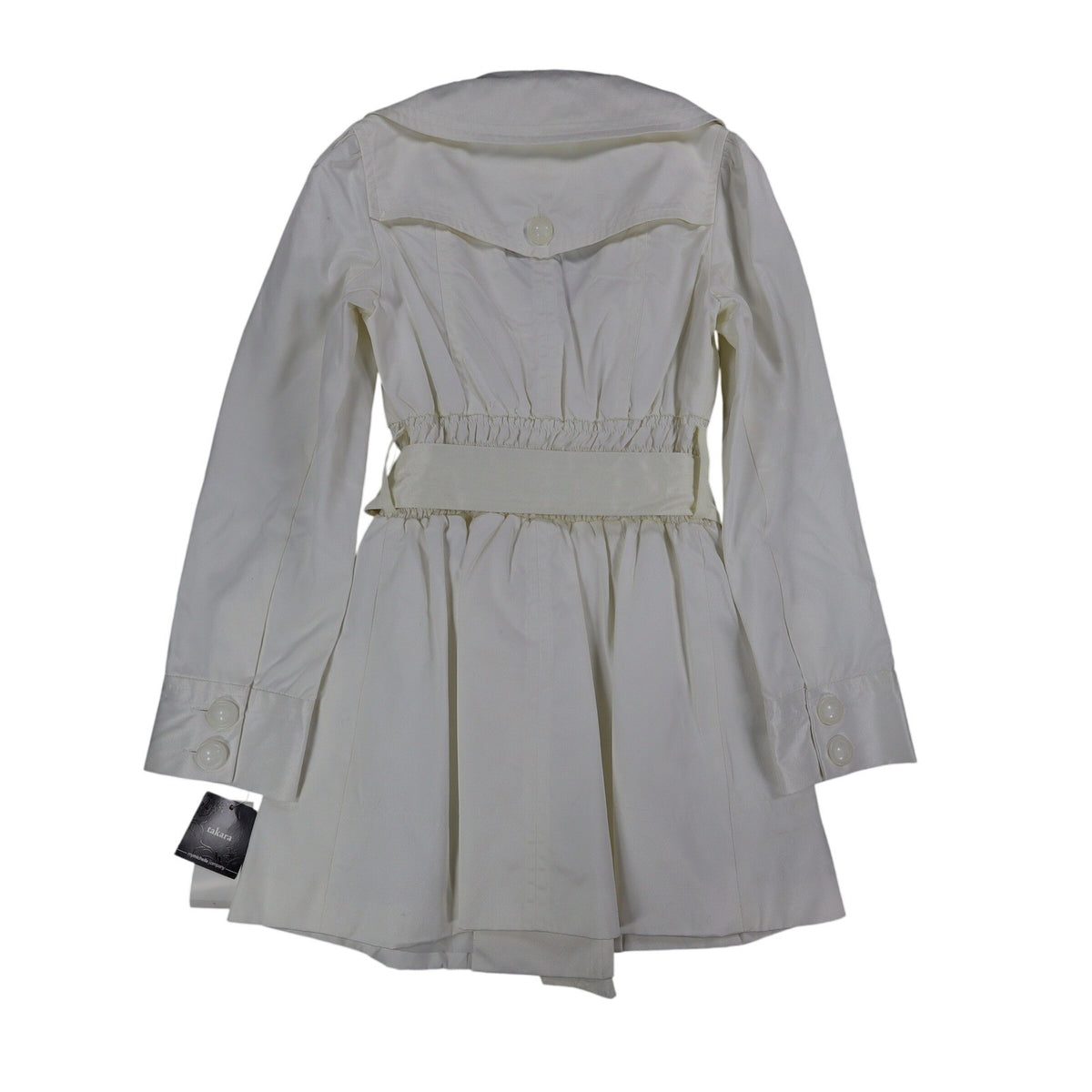 Takara Trench Coat Womens M White Belted Double Breasted Smocked NOS NWT - take2supply