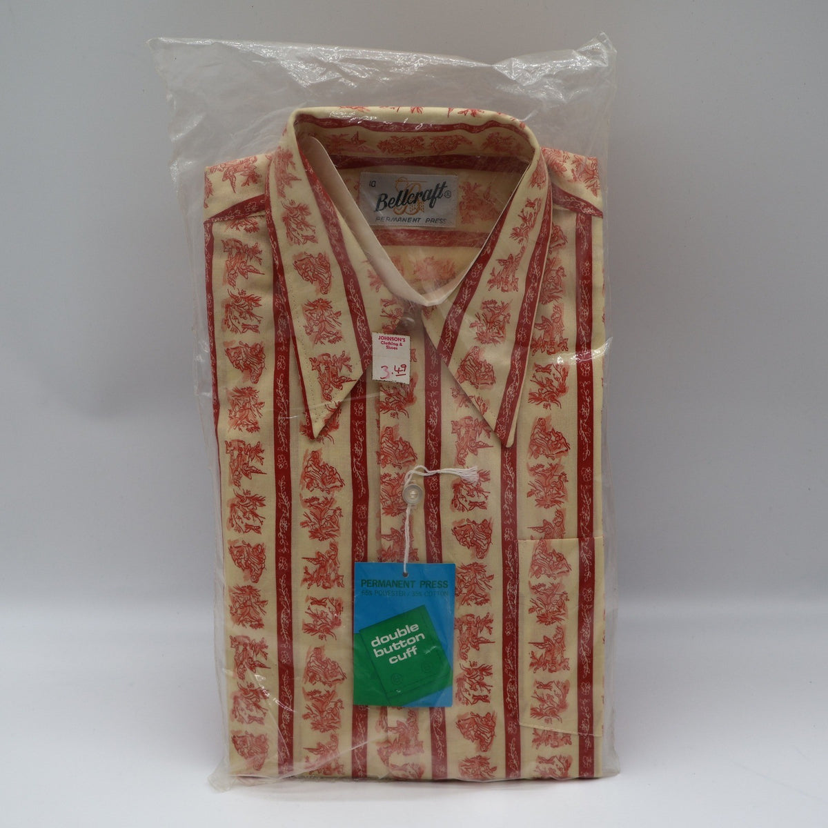 Bellcraft Shirt Boys 10 Vintage 70s Red Cream Toile Print Double Button Cuff NWT - take2supply