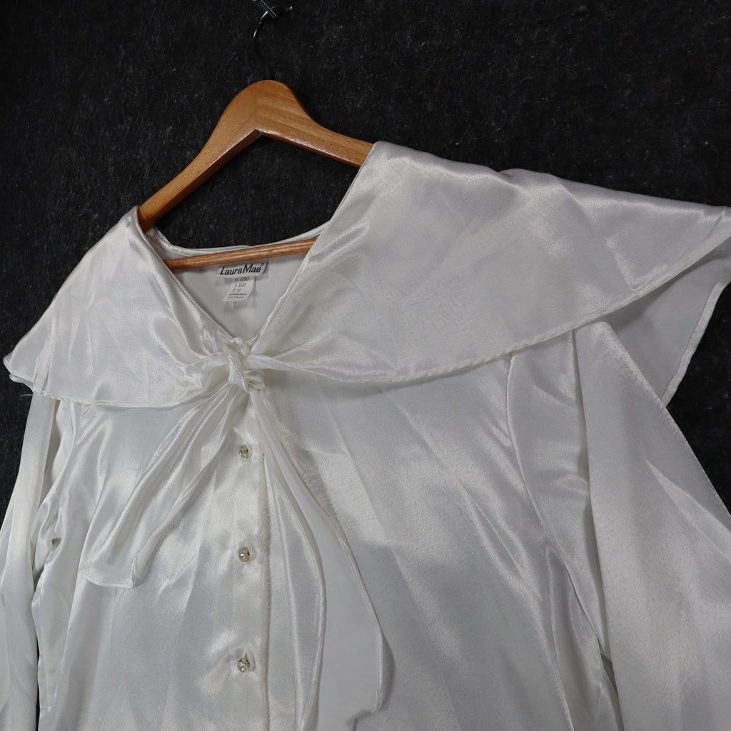 Laura Mae Blouse Womens 12 Vintage 80s White Satin Sailor Collar Tie Neck 6620 - take2supply