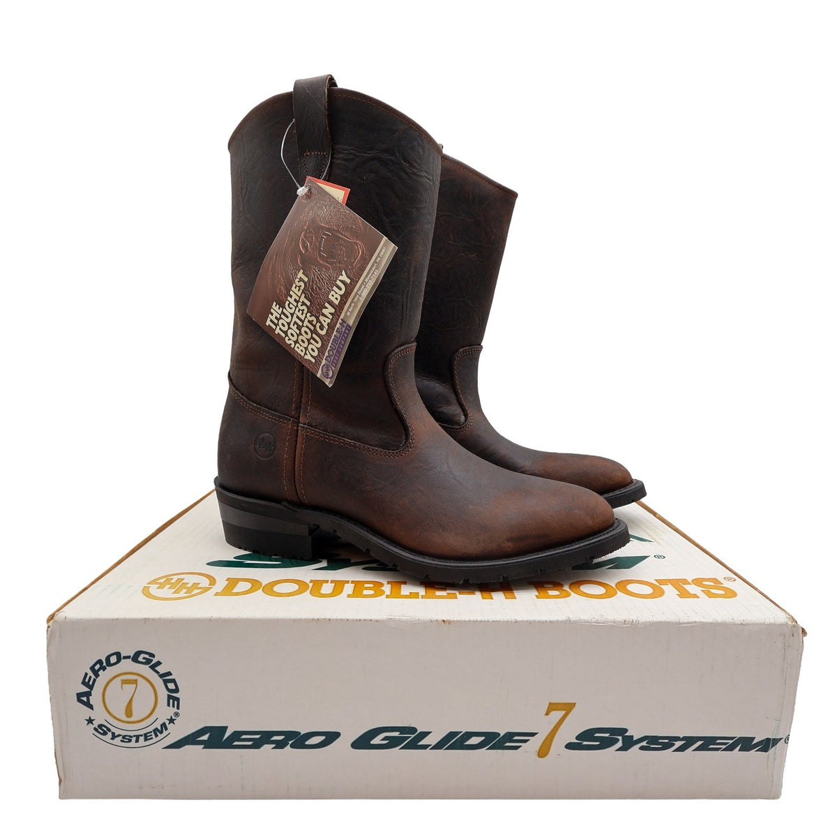 Pair of dark brown Double-H pull-on boots with black soles displayed on a Double-H shoebox