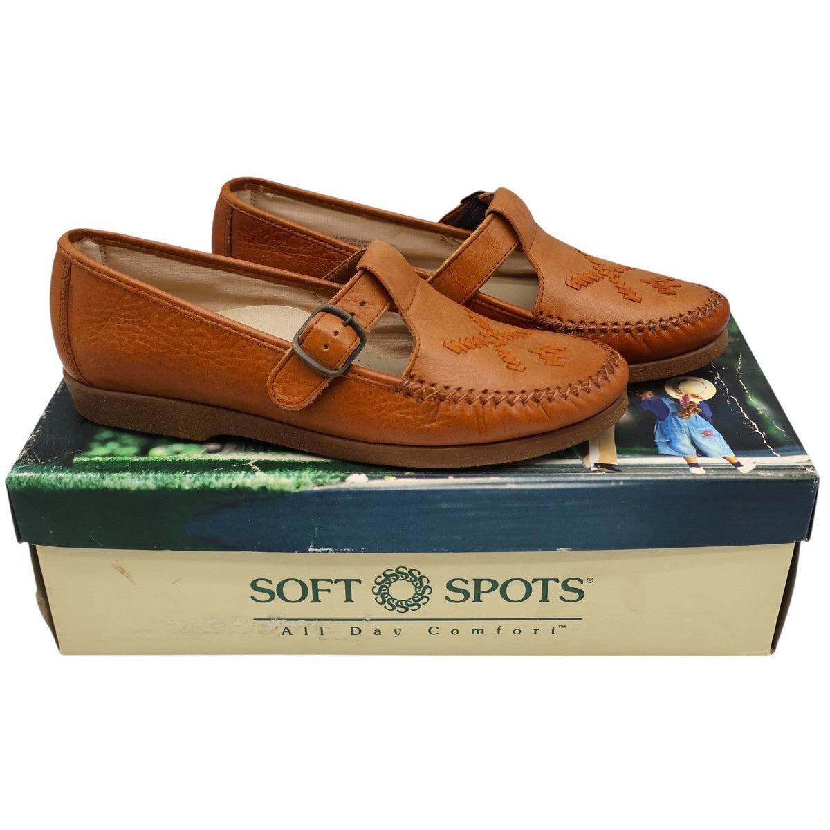 Soft Spots Reina Loafers Womens 6.5 Vintage Peanut Brown Leather T-Strap Shoes - take2supply