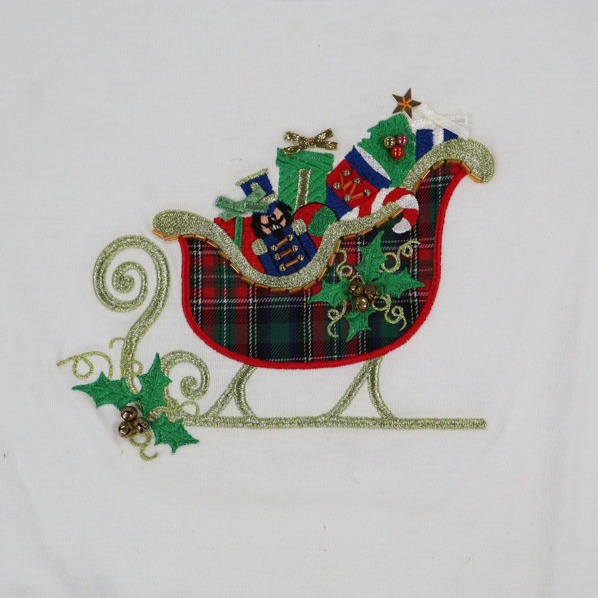Peanut Butter & Jelly Shirt Womens Medium White Holiday Christmas Sleigh Beaded - take2supply