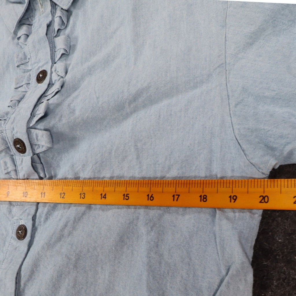 New Expressions Shirt Womens Medium Vintage Blue Cotton Ruffle Short Sleeve USA - take2supply