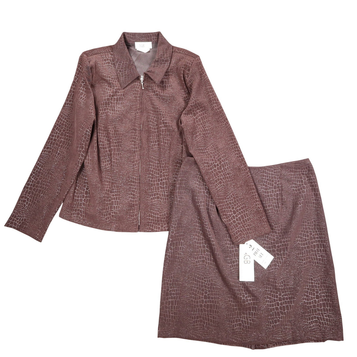 AGB Byer California Skirt Suit Set 12 Brown Crocodile Embossed Zip Jacket Skirt - take2supply