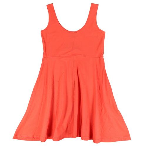 Back of a coral-orange Angie dress with scoop neckline and flared skirt