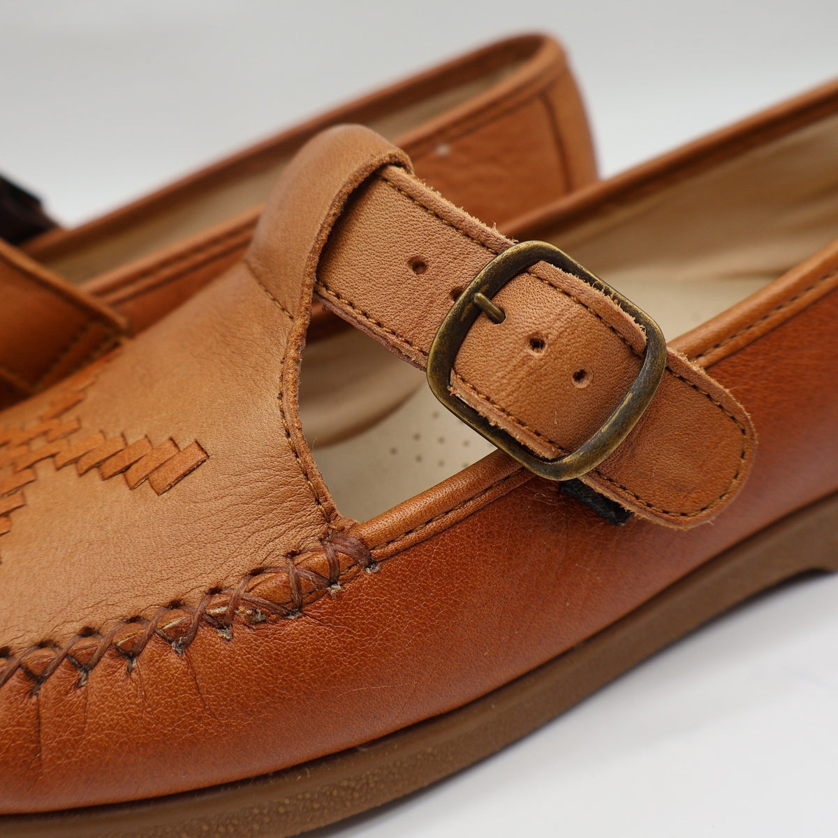 Soft Spots Reina Loafers Womens 6.5 Vintage Peanut Brown Leather T-Strap Shoes - take2supply