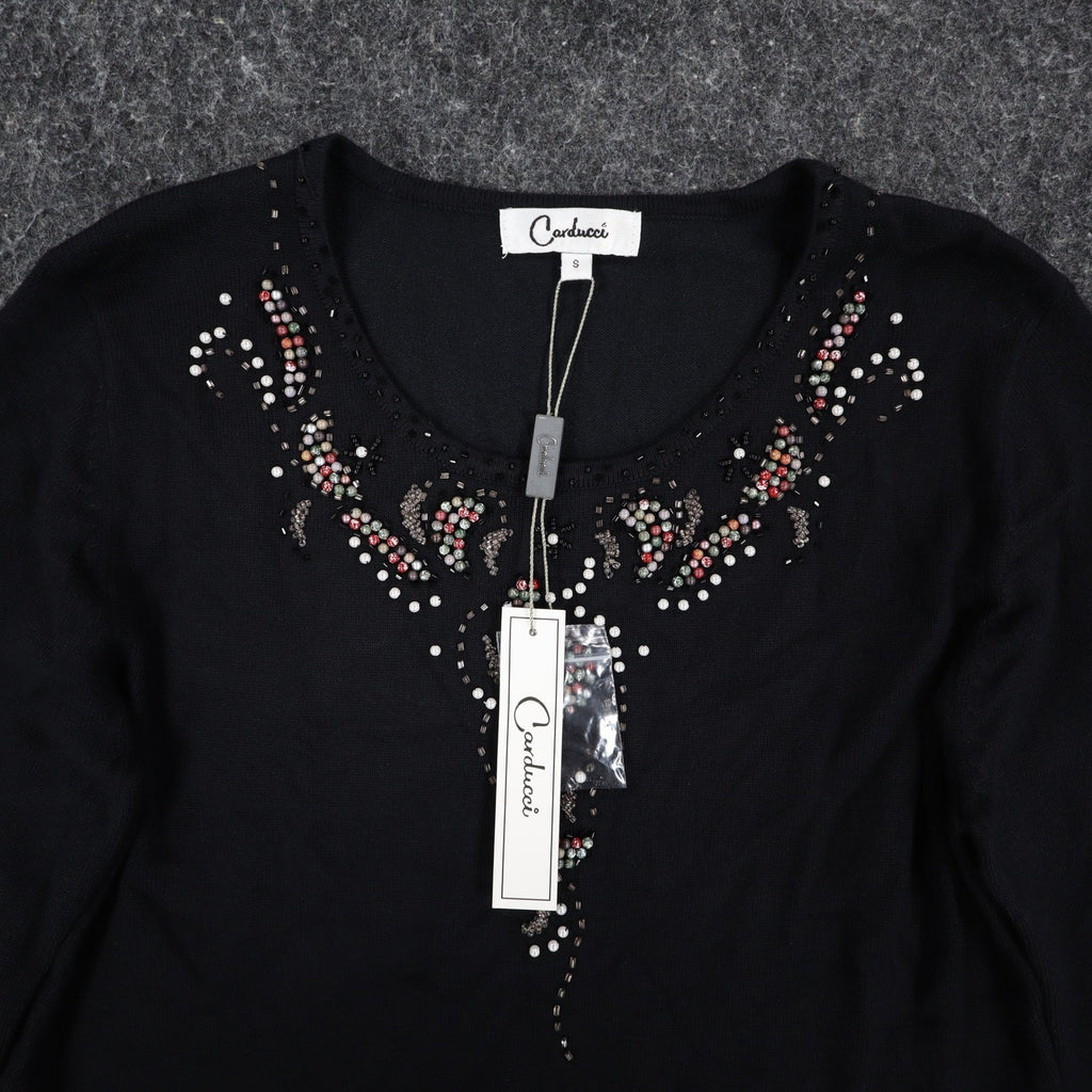 Carducci Beaded Embellished Top Womens Size S Black Rayon Blend 3/4 Sleeve NEW - take2supply