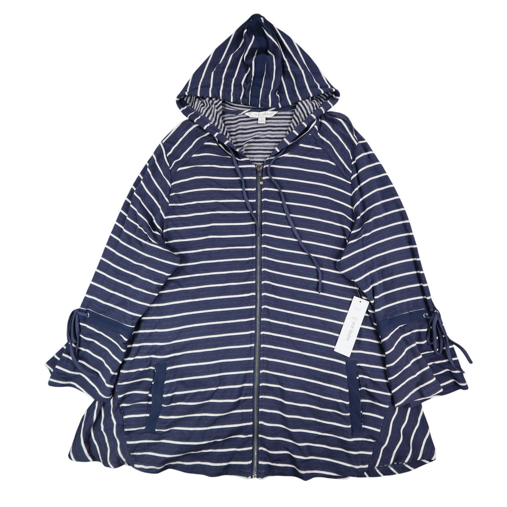 Erin London Womens L Navy White Striped Zip Hoodie Bell Sleeve Pockets NWT - take2supply
