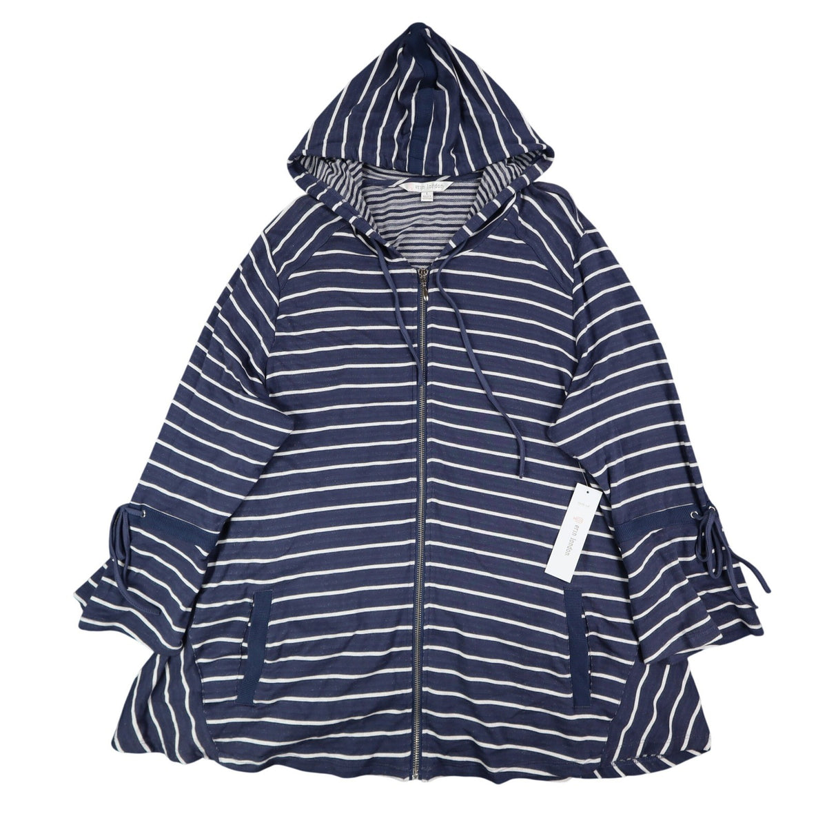 Erin London Womens L Navy White Striped Zip Hoodie Bell Sleeve Pockets NWT - take2supply