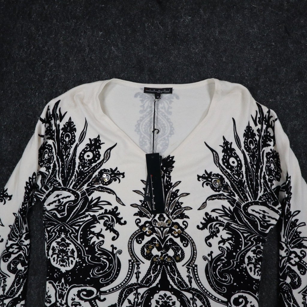 Pierri New York V-Neck Sweater Womens Size M Black White Embellished Baroque - take2supply