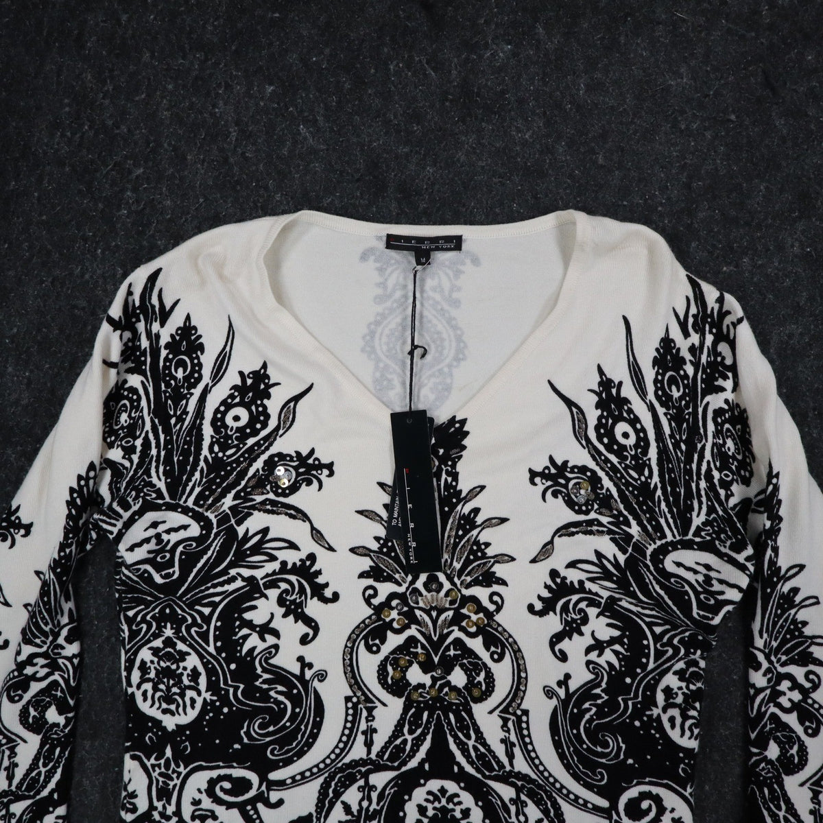 Pierri New York V-Neck Sweater Womens Size M Black White Embellished Baroque - take2supply
