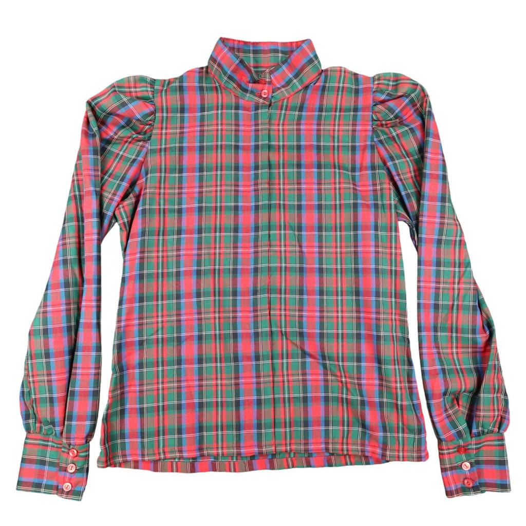 Fancy Free Plaid Blouse Womens 9 Vintage 80s Red Green Puff Shoulder Mock Neck - take2supply